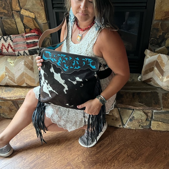 Myra Bag Handbags - 🆕 Myra Bag Black Panther Tooled Turquoise Leather Cowhide Western Fringe purse